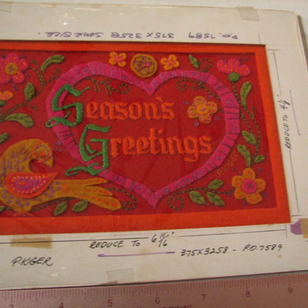 ORIGINAL GREETING CARD ART Card Season's Greetings Embroidered SIGNED